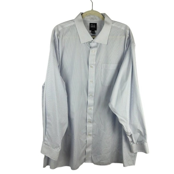 Jos A Bank Traveler Dress Shirt Men 19 36 White‎ Blue Stripe Long Sleeves Career - Picture 2 of 6